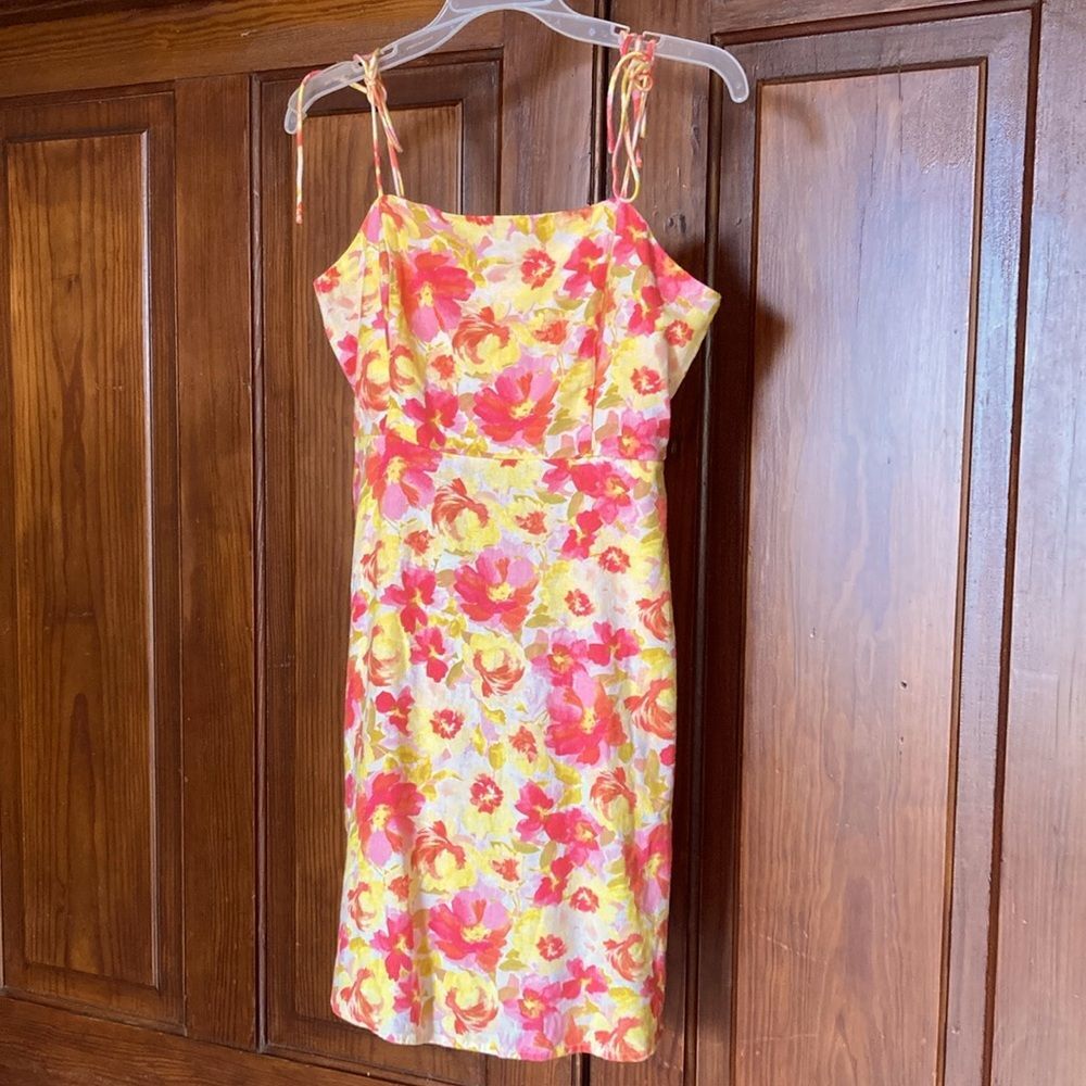 Old Navy Linen Blend Yellow Pink Floral Tie-Shoulder Sleeveless Mini Dress M